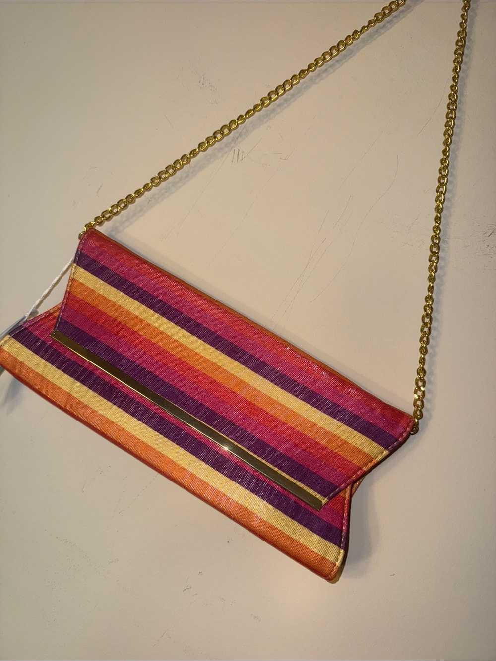 Striped Pink & Orange Chain-Handle Shoulder Clutch
